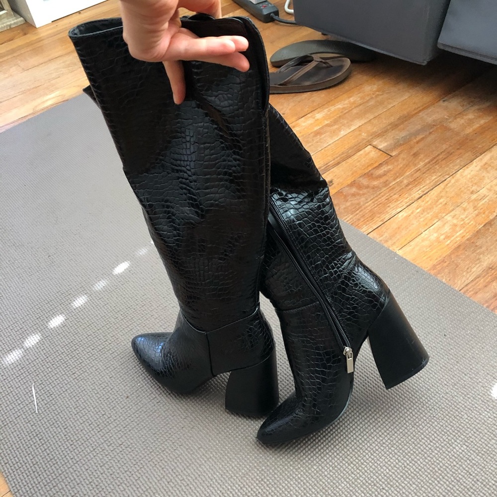 Black Snakeskin Knee High Boots